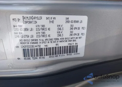 2003 Dodge Caravan Se from USA, damaged, VIN 1D4GP25333B144792